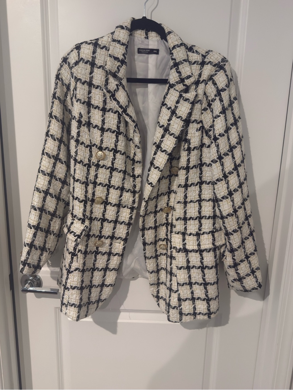SHEIN Black & White Check Bouclé Double-Breasted Blazer - Picture 3 of 6